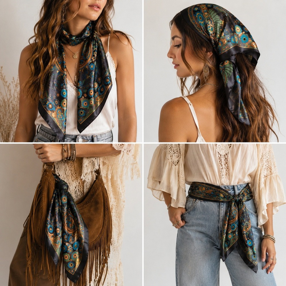 VTG Paisley Satin Scarf Womens Black Multicolor Sheer Boho Maximalist Retro Mod
